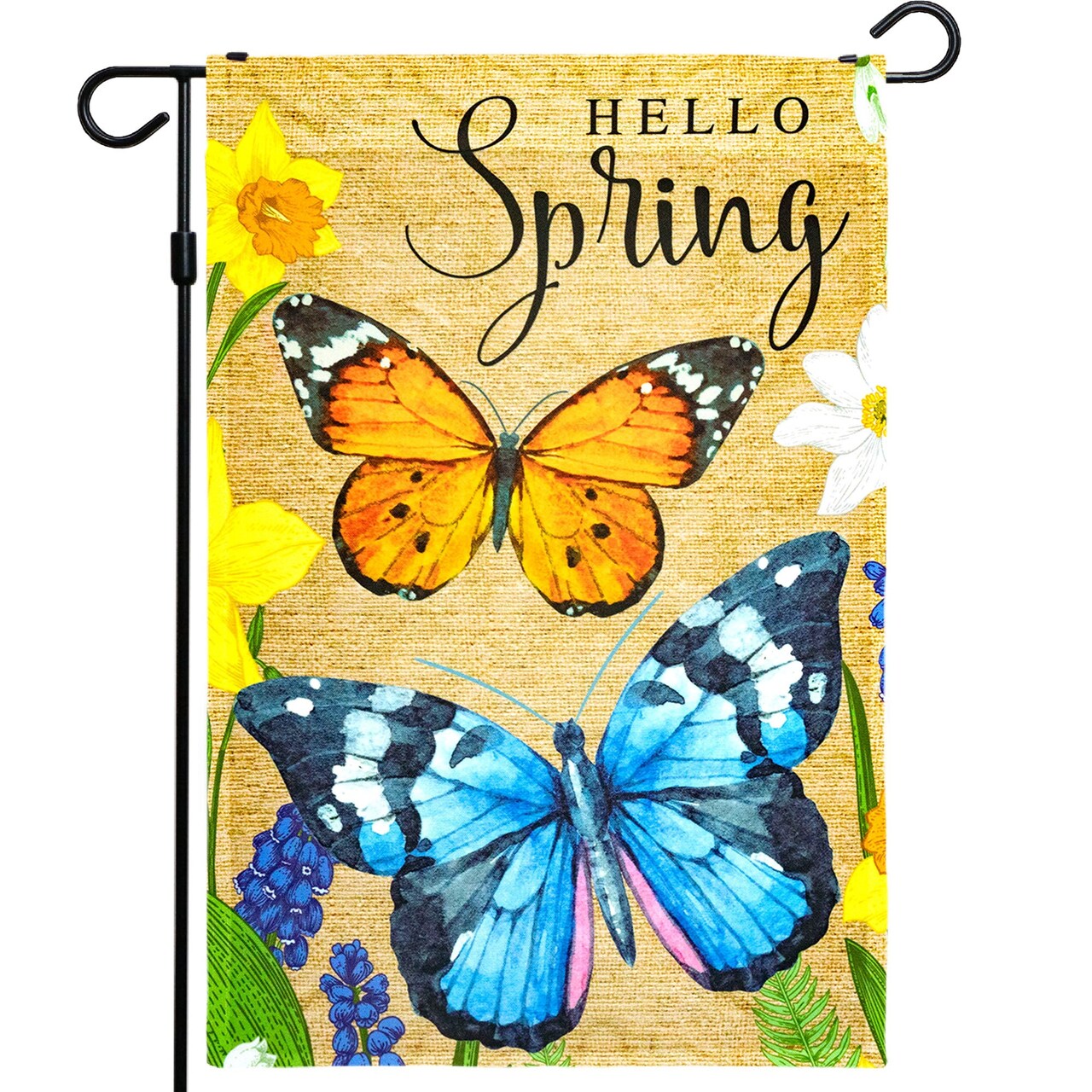 G128 - Hello Spring Butterflies and Flowers Garden Flag | 12x18 Inch | Printed 150D Polyester - Rustic Holiday Seasonal Outdoor Flag